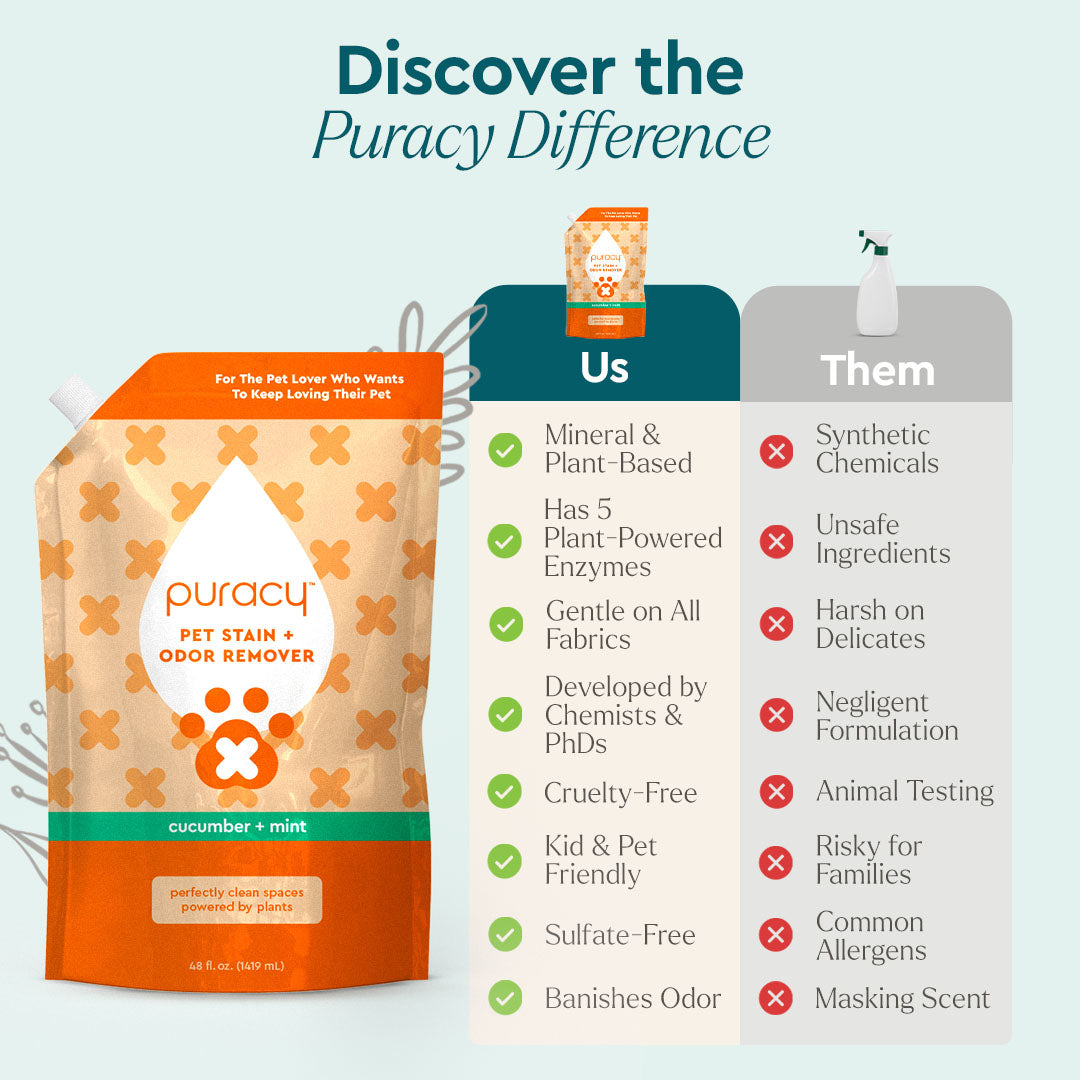 Puracy pet stain & odor remover pouch, cucumber & mint, with benefits checklist