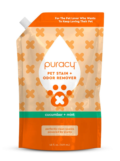 Puracy pet stain & odor remover pouch, cucumber & mint, 48 fl oz
