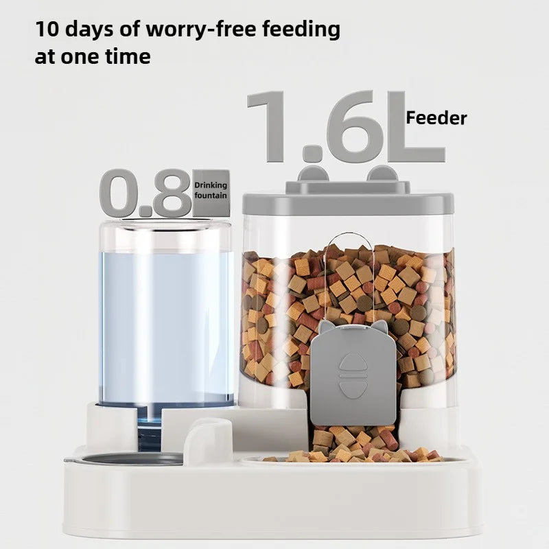 Automatic pet feeder with water fountain chamber and food storage container, gray and clear
