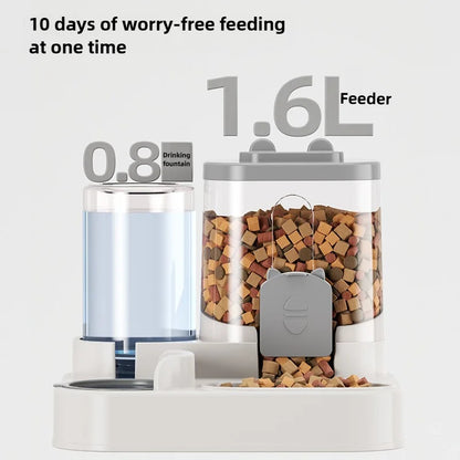 Automatic pet feeder with water fountain chamber and food storage container, gray and clear