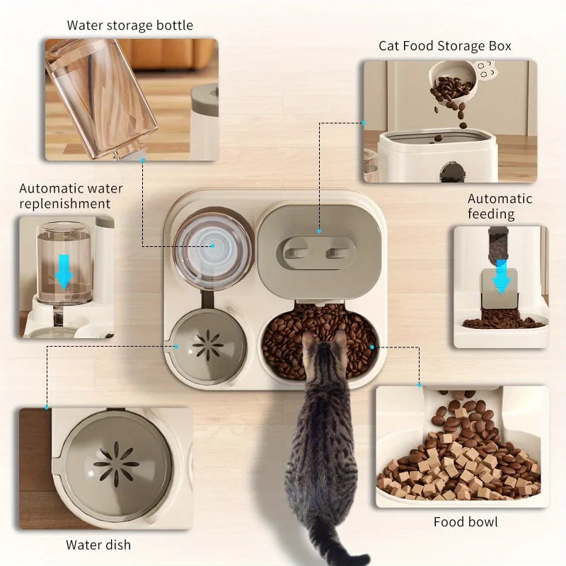 Automatic pet feeder with water storage bottle and food tray, gray and white