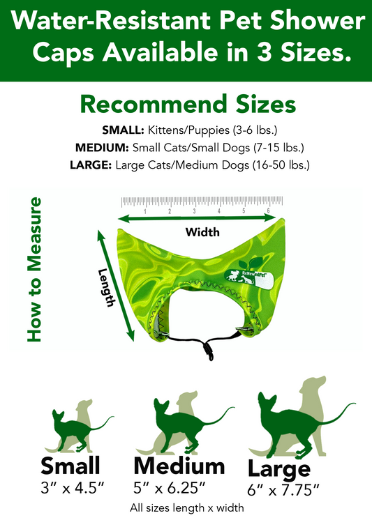 Pet shower cap size guide with lime green cap illustration and drawstring ties