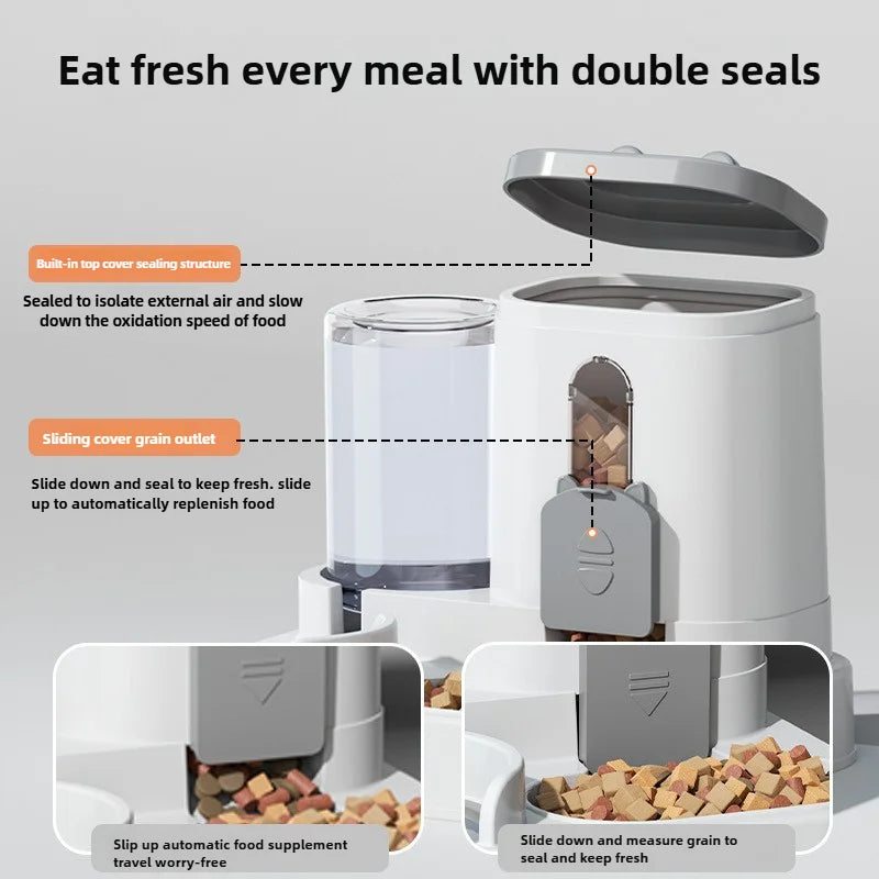 Automatic pet feeder with open food access and sealed storage containers, gray and clear