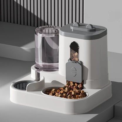 Automatic pet feeder with water fountain, spill-resistant tray, gray and clear feeding container