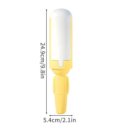 Yellow self-cleaning base for pet hair remover with white handle holder