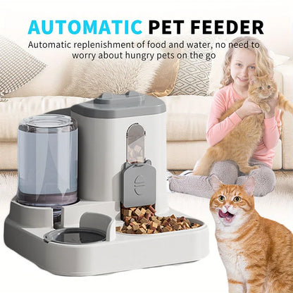 Automatic pet feeder base with clear water reservoir and food chute, gray and white
