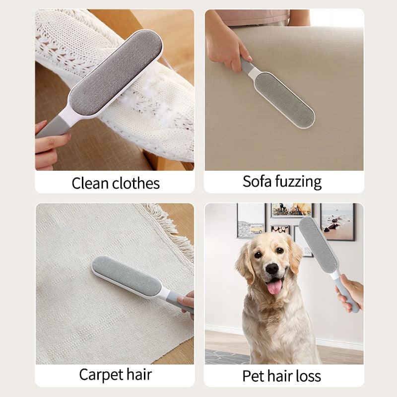 Reusable pet hair remover brush with gray pad for cleaning clothes, sofa, and carpet