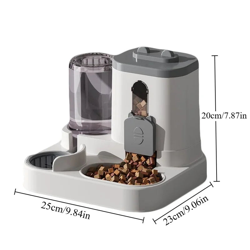 Automatic cat and dog feeder with water fountain, gray base and clear water reservoir