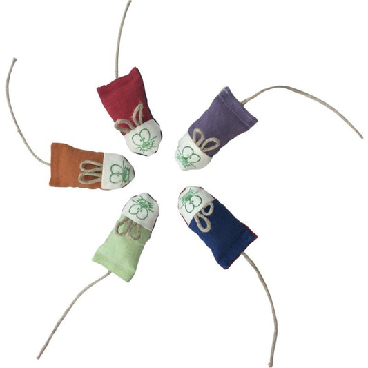 Catnip mouse toy assortment in red, orange, green, purple, and blue with yarn tails