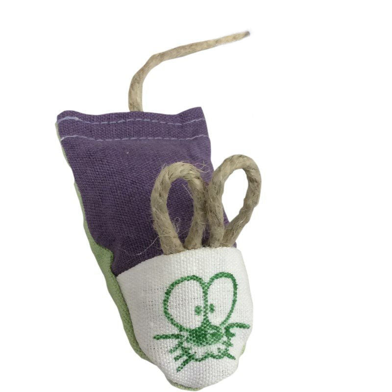 Catnip mouse toy with purple cloth body and white face, stitched yarn tail
