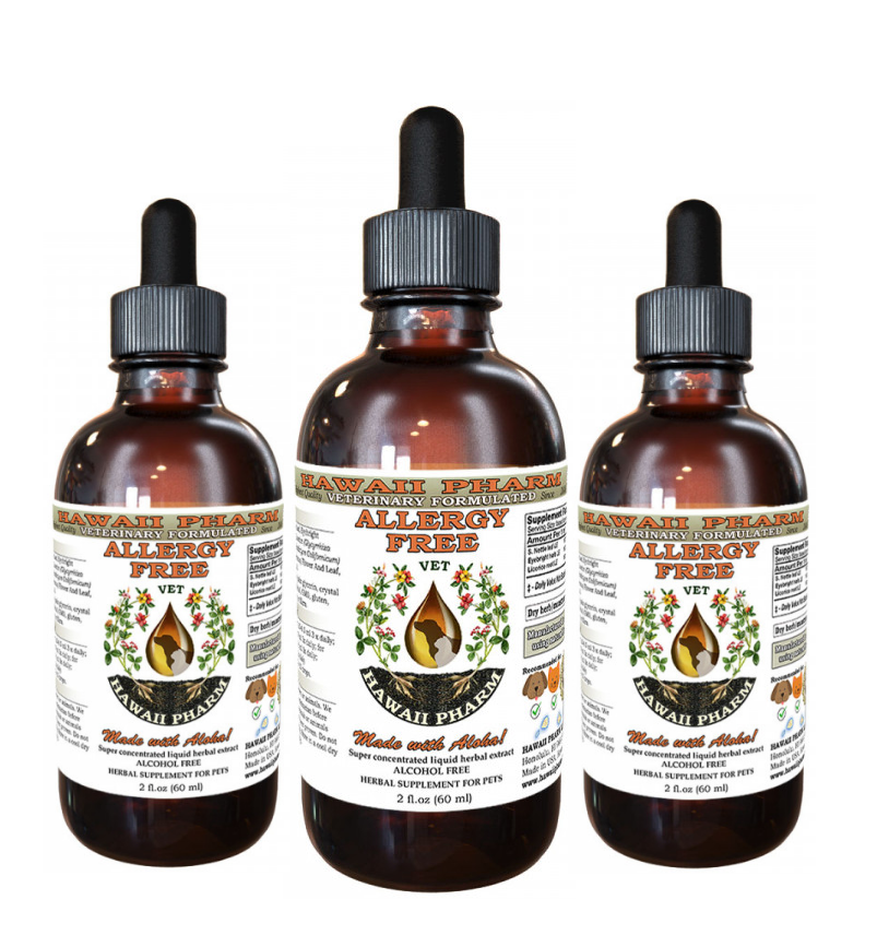 Three amber allergy-free pet remedy bottles with black droppers