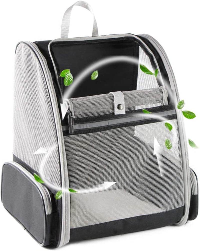 Black and grey bubble pet travel carrier with mesh front and side pocket details