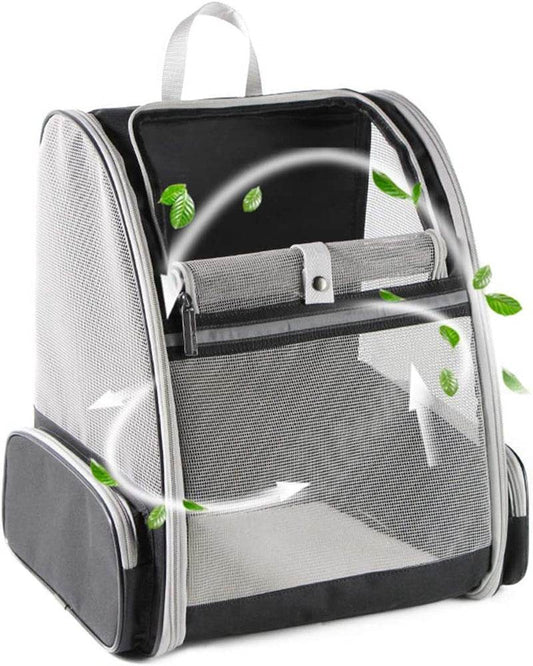 Black and grey bubble pet travel carrier with mesh front and side pocket details