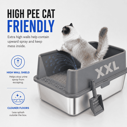 XXL gray cat litter box with high side walls and paw-cleaning grate, cat inside