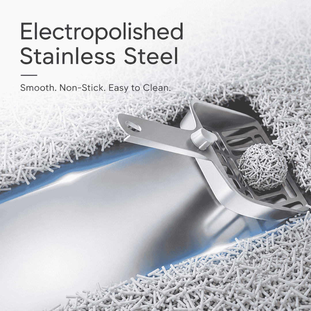 Electropolished stainless steel cat litter pan with smooth surface and cutout grate