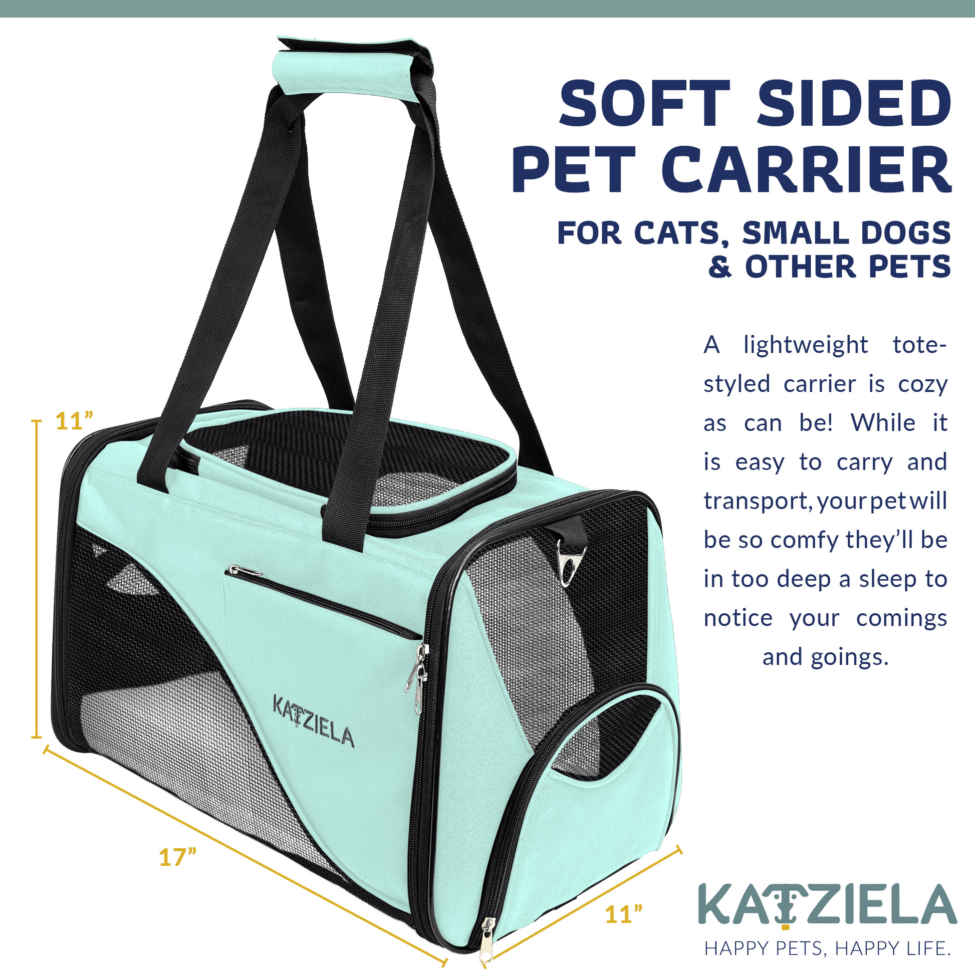 Soft-sided pet carrier with mesh windows, front zipper, and top carrying handles