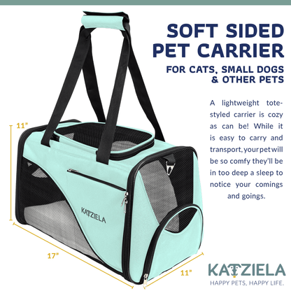 Soft-sided pet carrier with mesh windows, front zipper, and top carrying handles