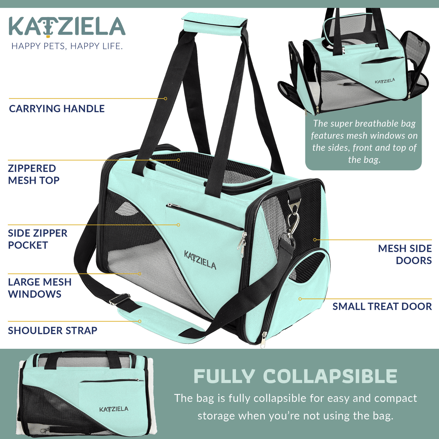 Soft-sided pet carrier with side zipper pocket, mesh top, and small treat door
