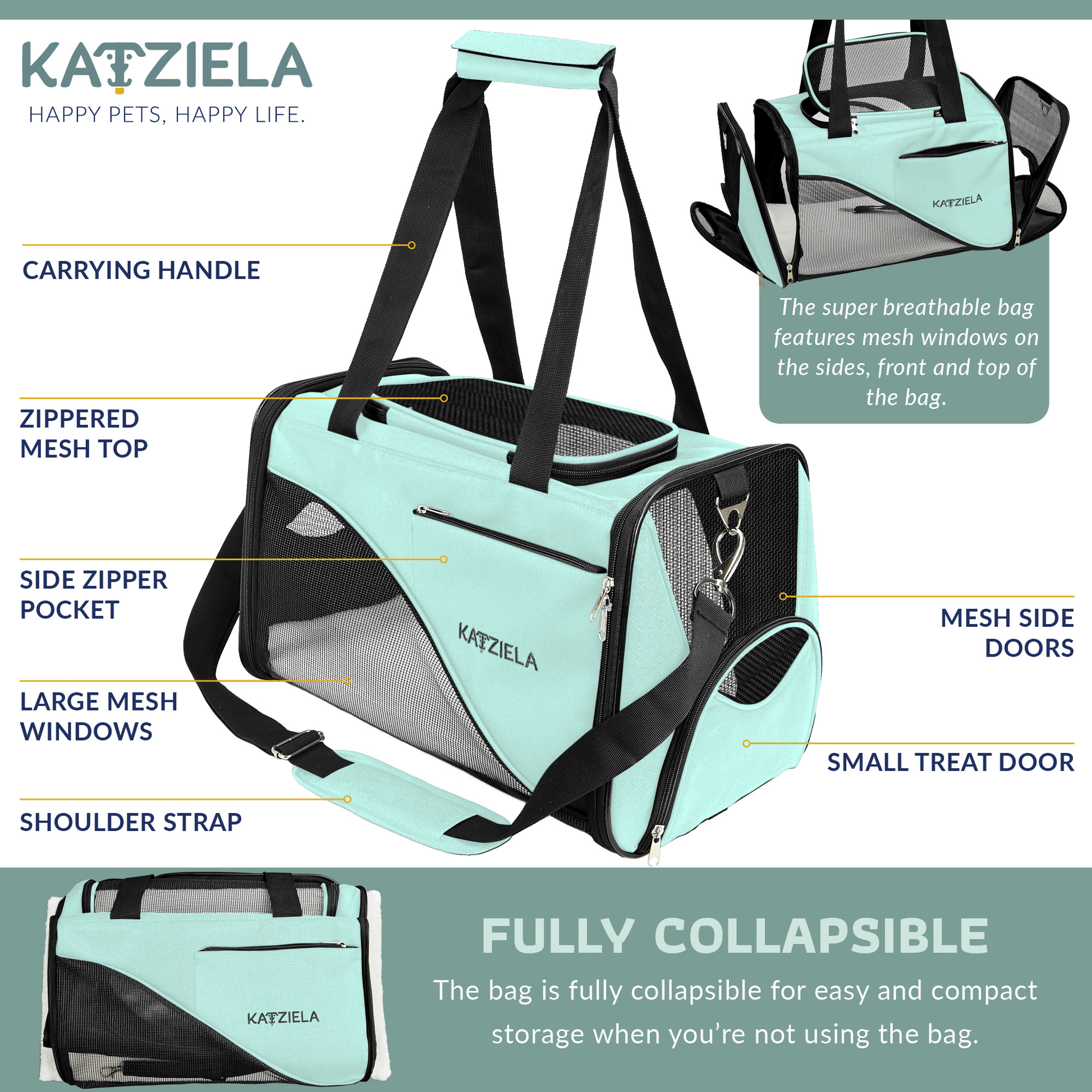 Soft-sided pet carrier with side zipper pocket, mesh top, and small treat door