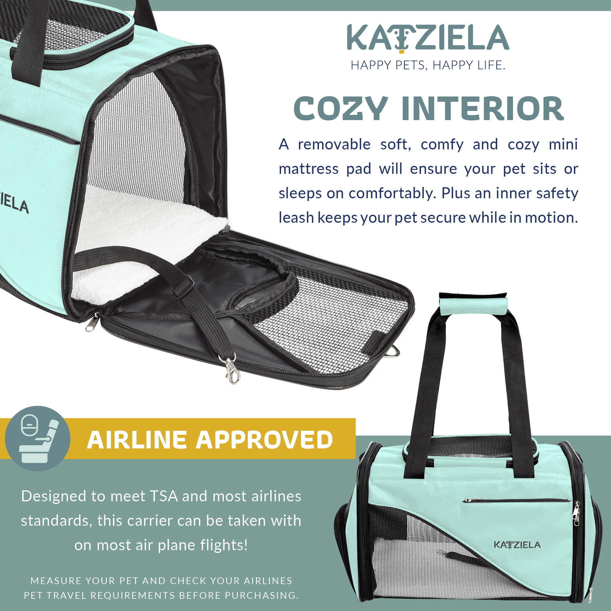 Soft-sided pet carrier with removable cushioned mattress pad and secure inner leash