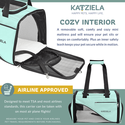 Soft-sided pet carrier with removable cushioned mattress pad and secure inner leash