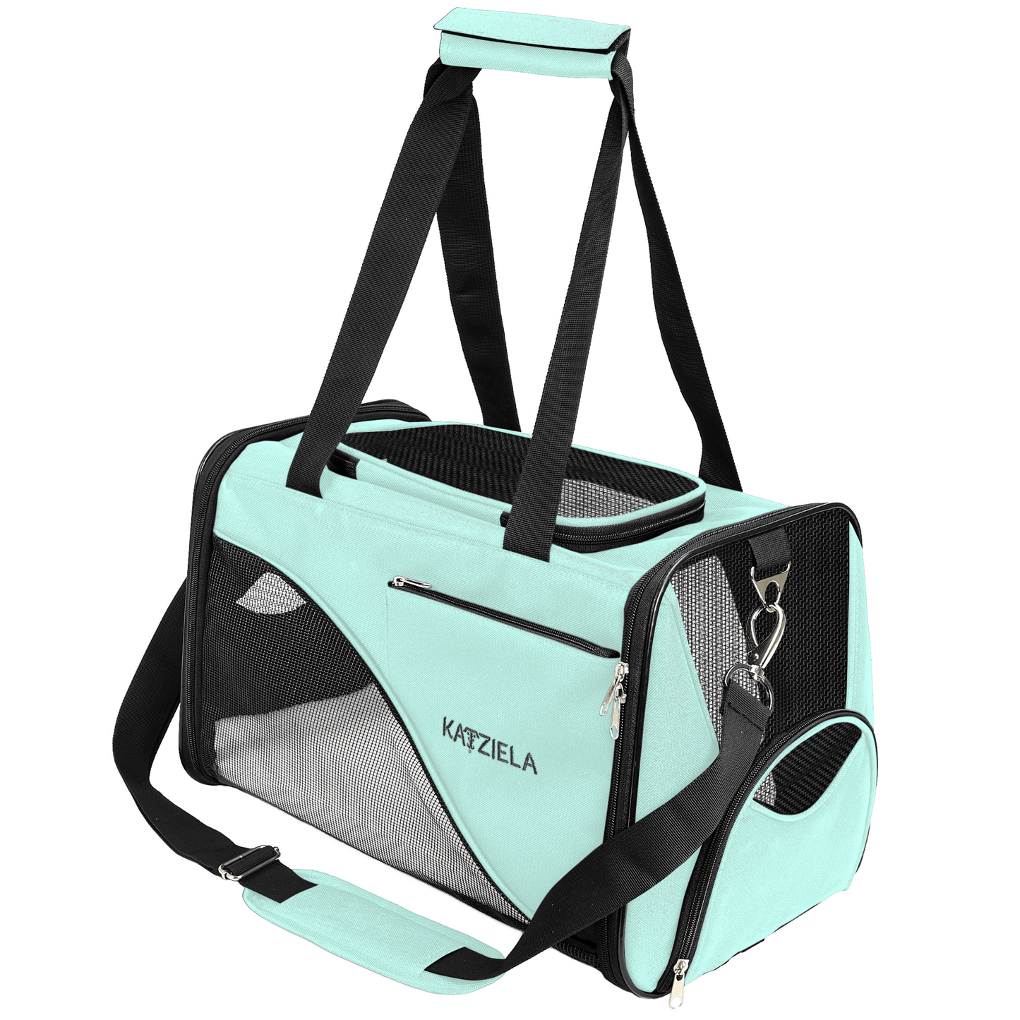 Turquoise and black soft-sided pet carrier with two mesh doors and zipper front