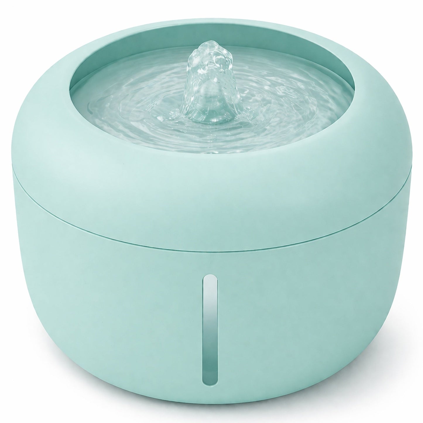 Green pet water fountain with round top and central water spout.