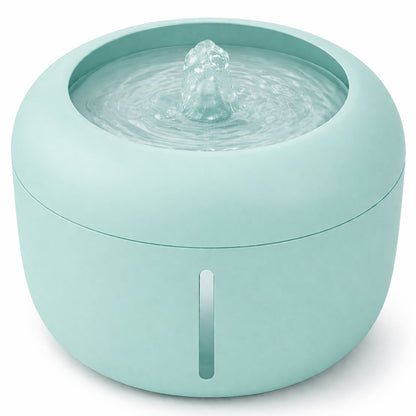 Green pet water fountain with round top and central water spout.