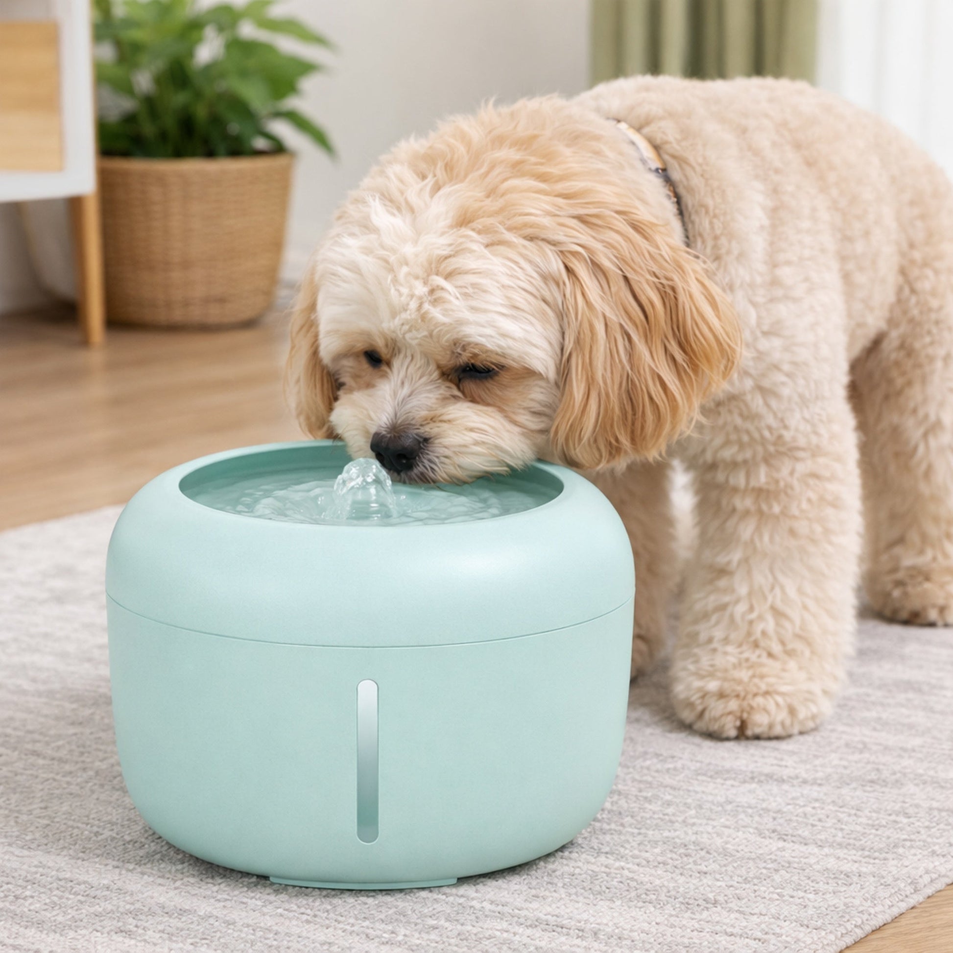 Light green pet water fountain with water bubbling from the top.