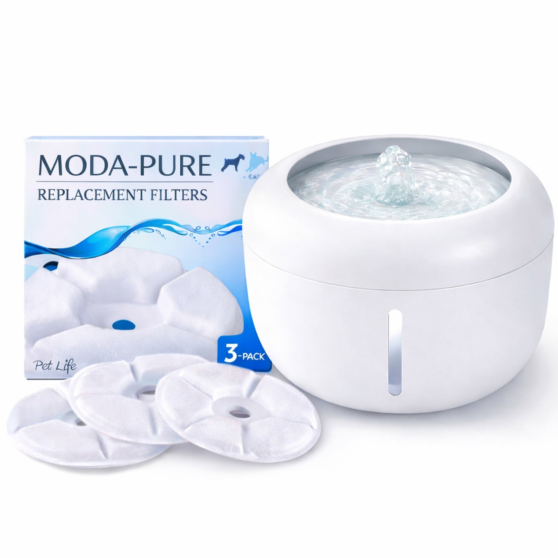 White pet water fountain with MODA-PURE replacement filters 3-pack and pads.
