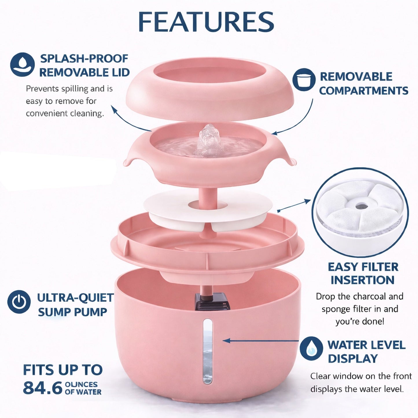 Pink pet water fountain with removable compartments and easy filter insert