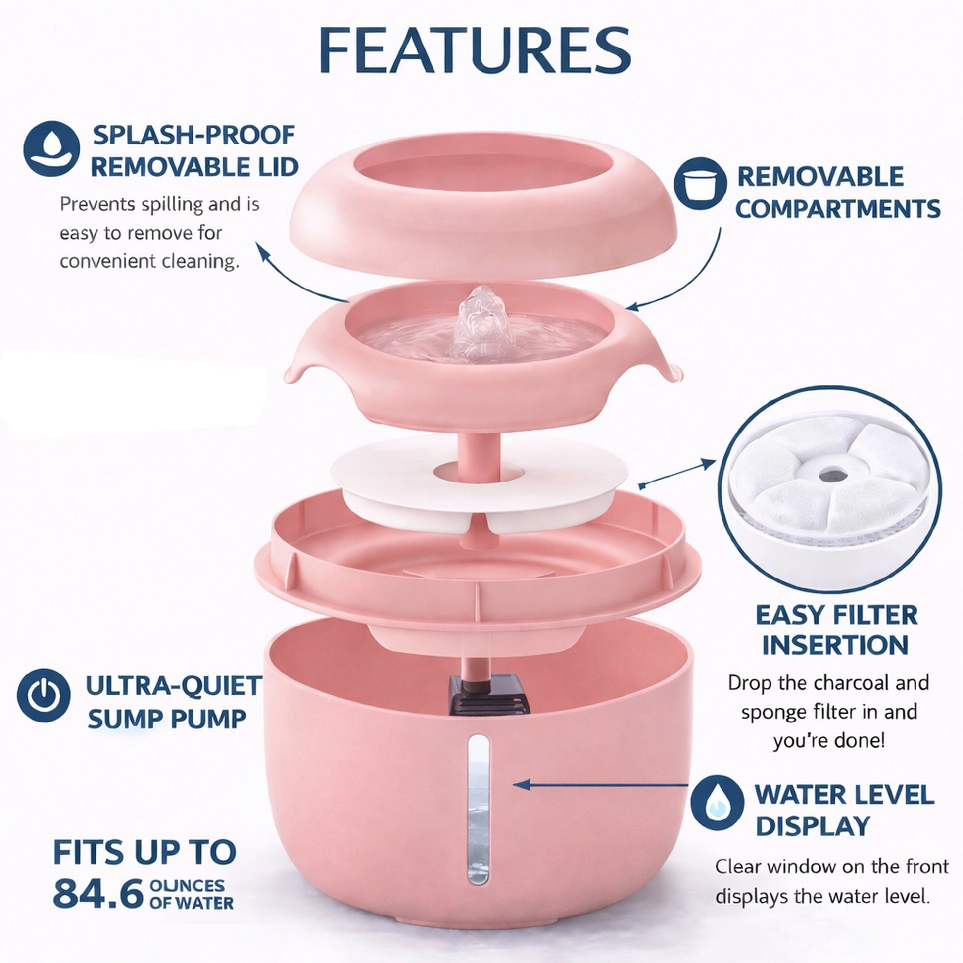 Pink pet water fountain with removable compartments and easy filter insert