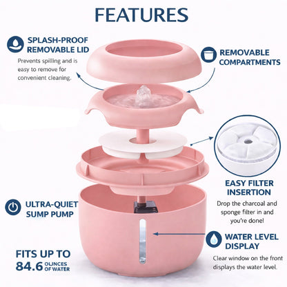 Pink pet water fountain with removable compartments and easy filter insert