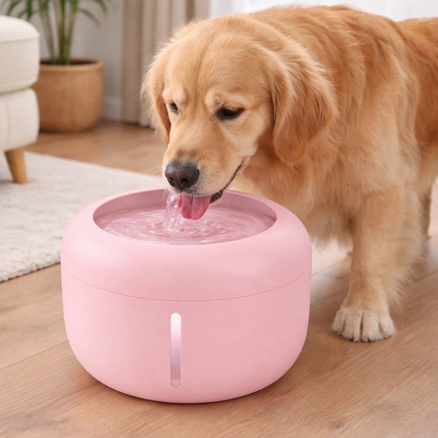 Pink pet water fountain on floor with dog drinking from the spout