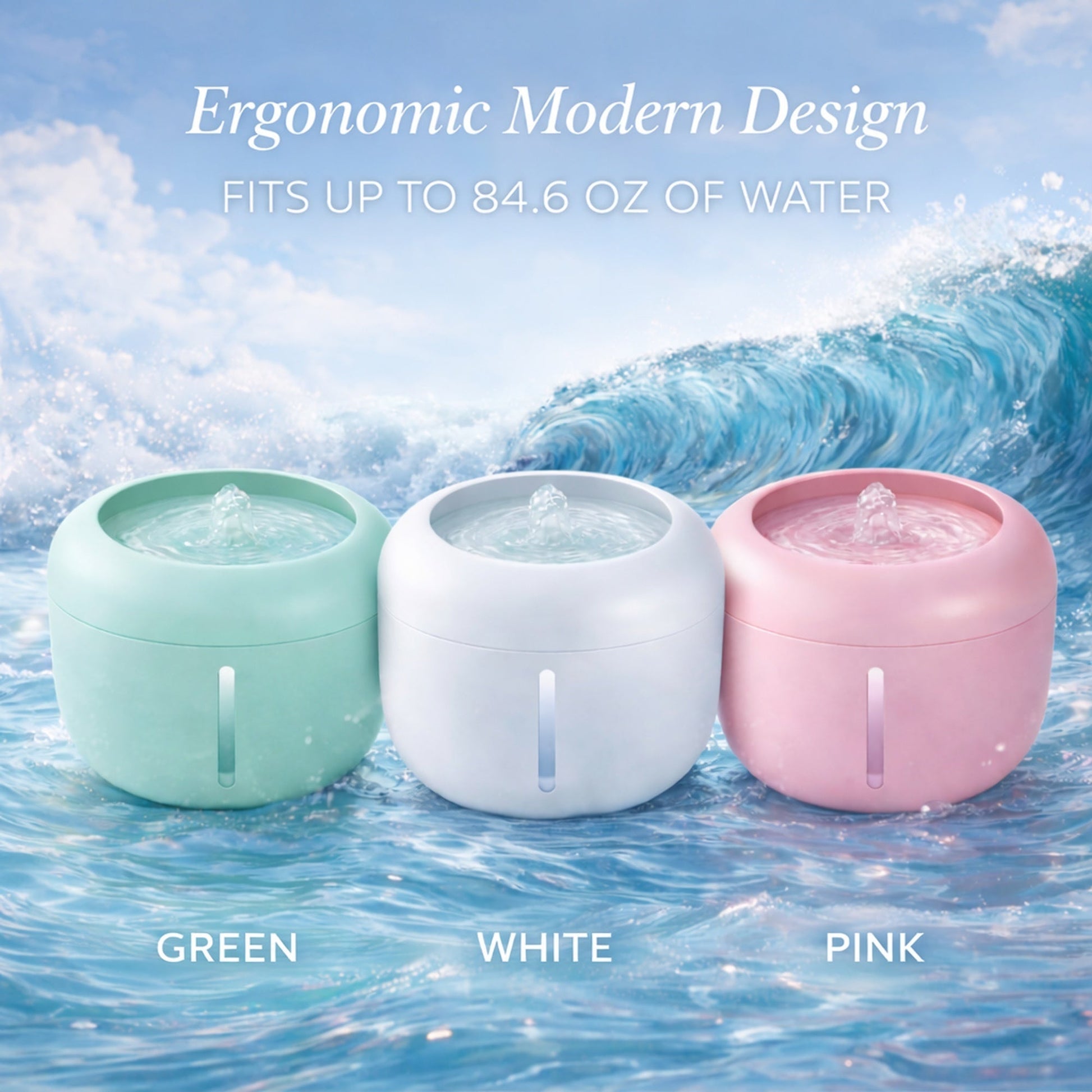 Pet water fountains in green, white, and pink color options