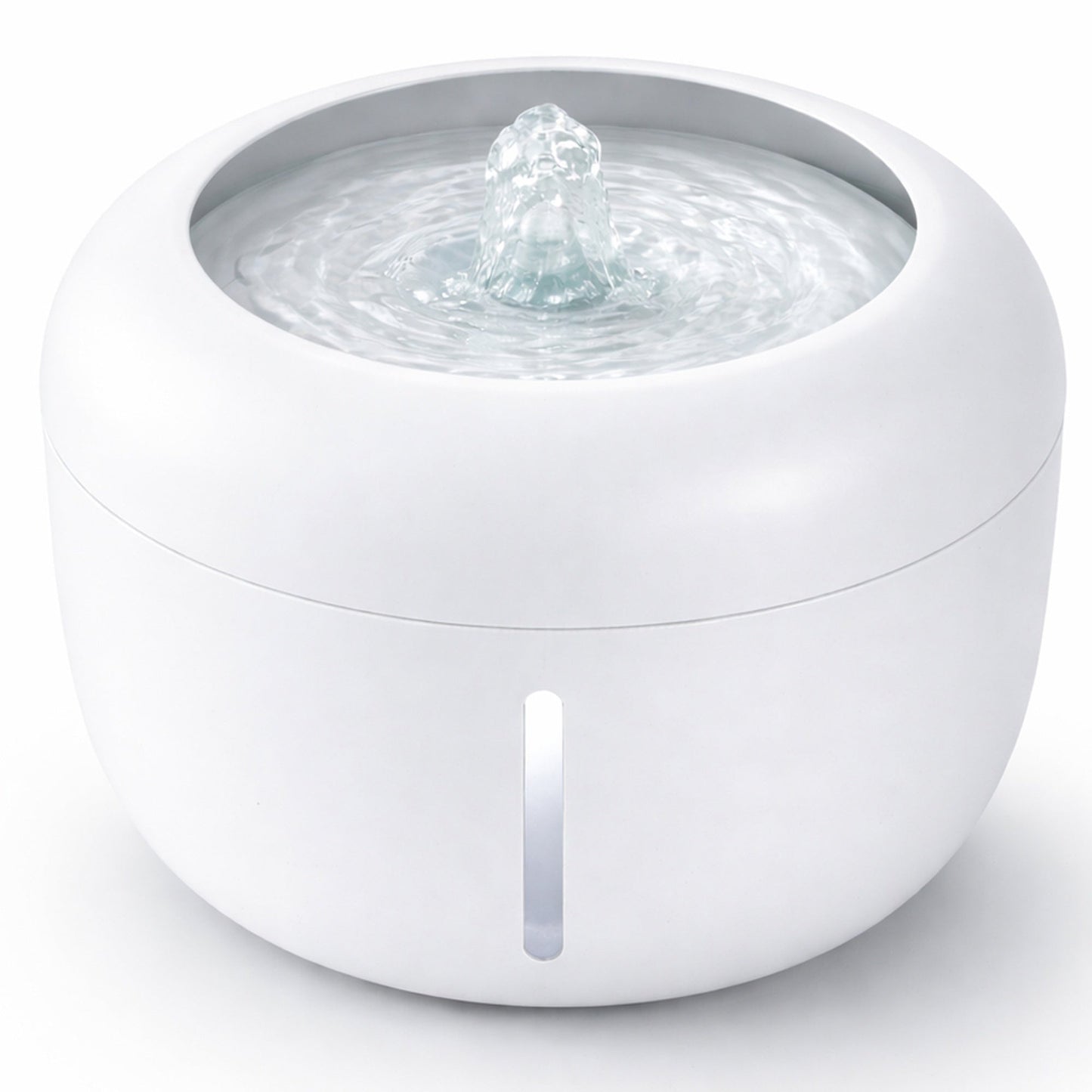 White pet water fountain with bubbling top and front water level window