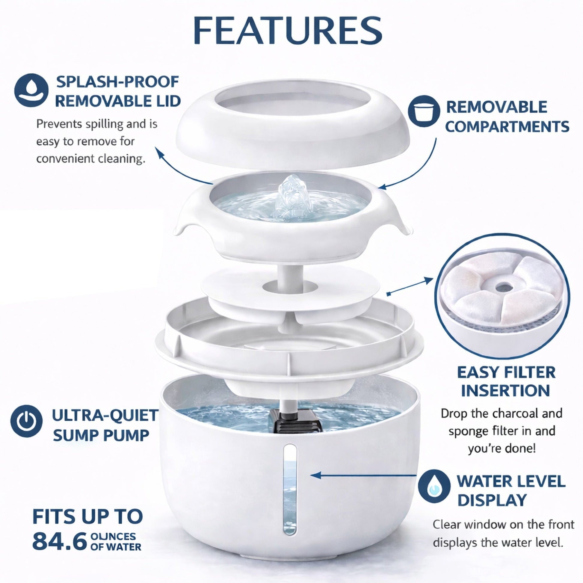 White pet water fountain with removable compartments and easy filter insert