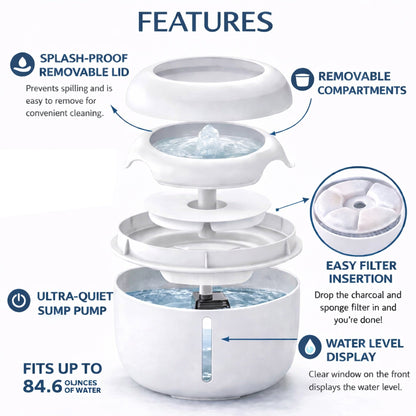 White pet water fountain with removable compartments and easy filter insert