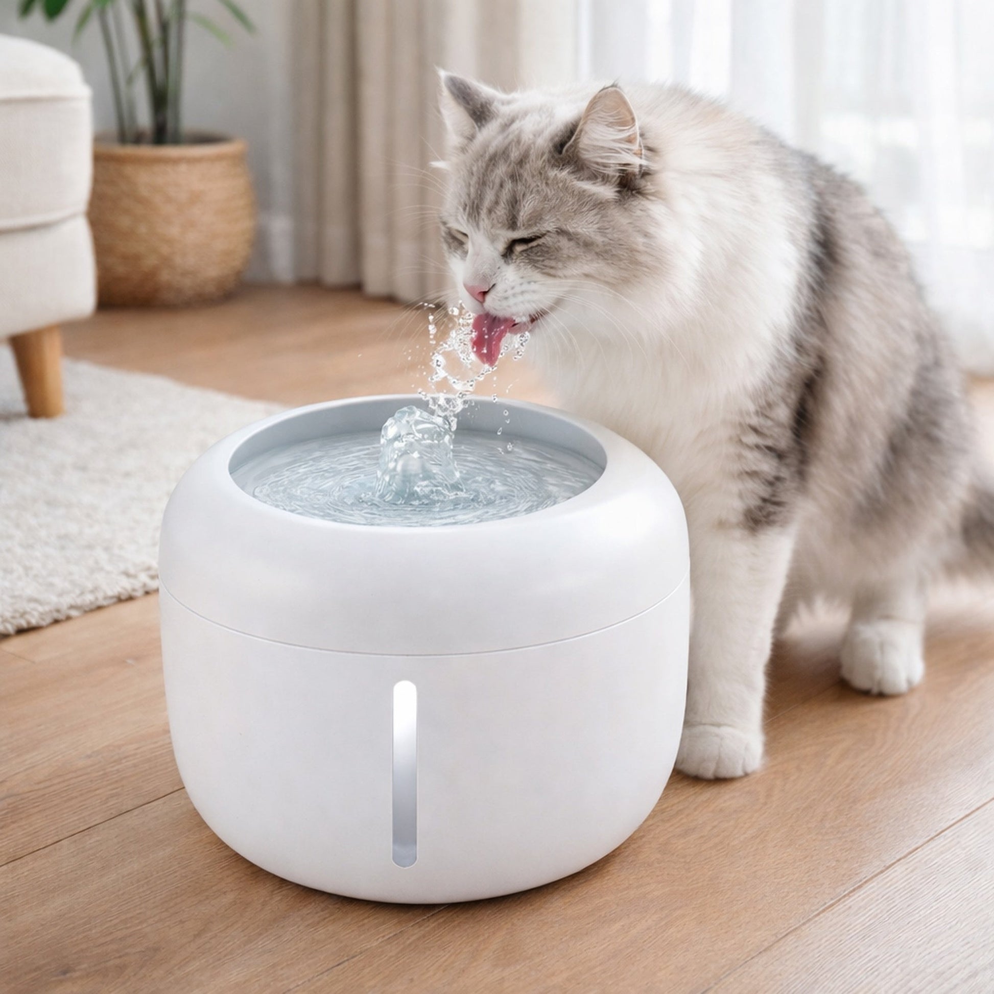 White pet water fountain on floor with cat drinking from the spout