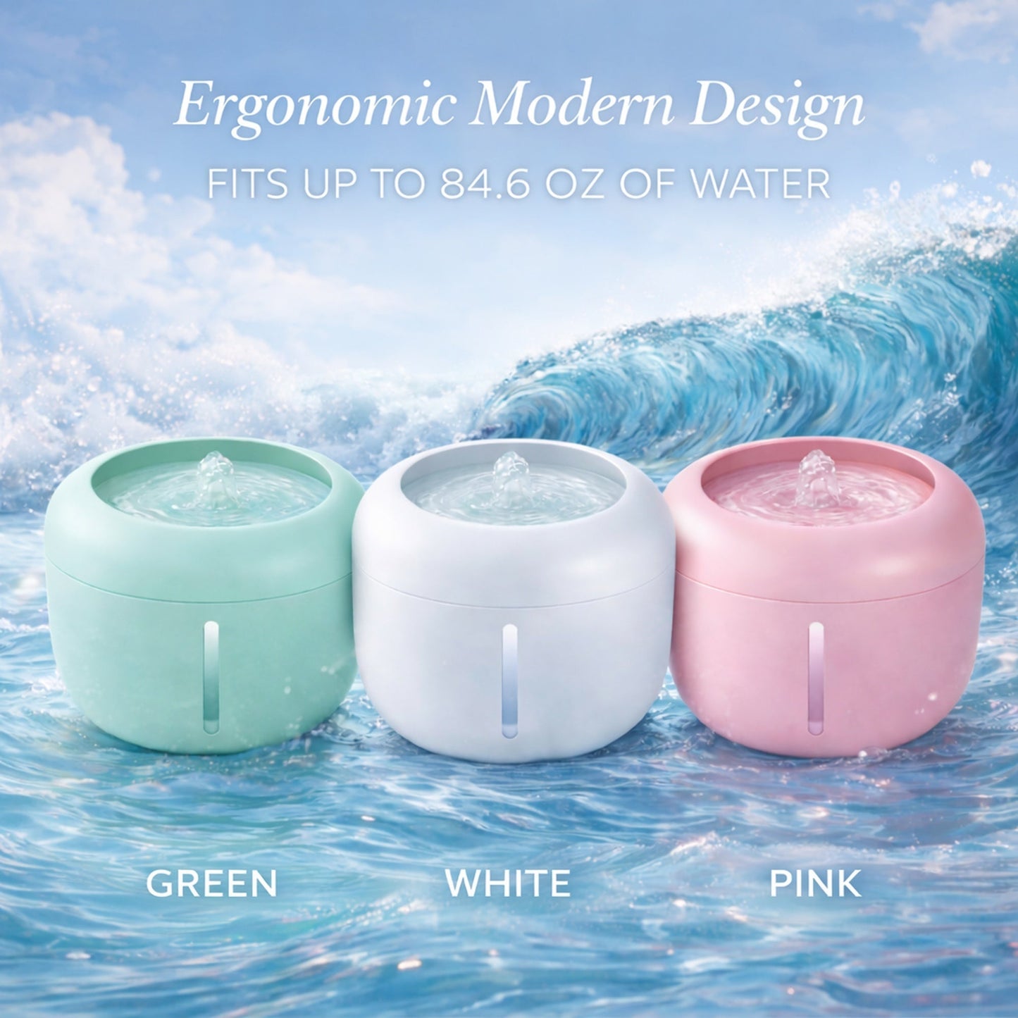 Pet water fountain trio with water basins in green, white, and pink.