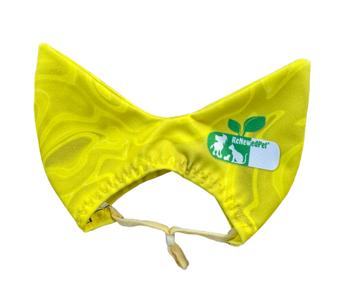 Lime green pet shower ear sun cap with drawstring and stitched edges, RenewedPet patch