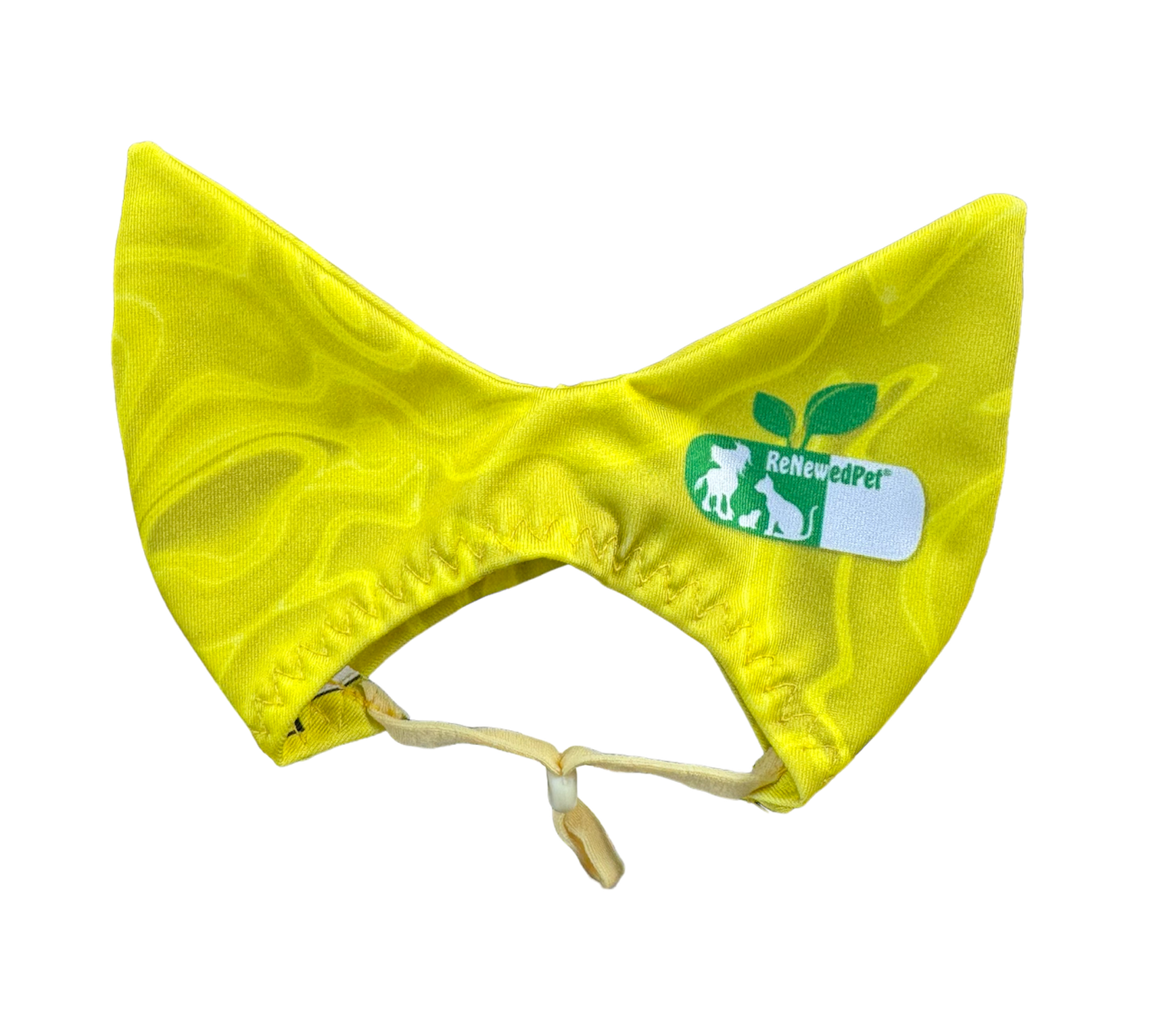 Lime green pet shower ear sun cap with drawstring and stitched edges, RenewedPet patch