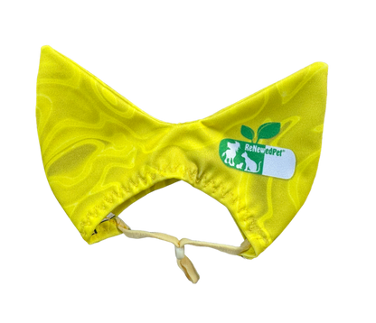 Lime green pet shower ear sun cap with drawstring and stitched edges, RenewedPet patch