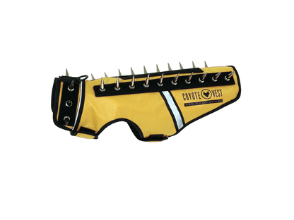 Yellow spike-studded cat vest with black trim and metal studs along top edge