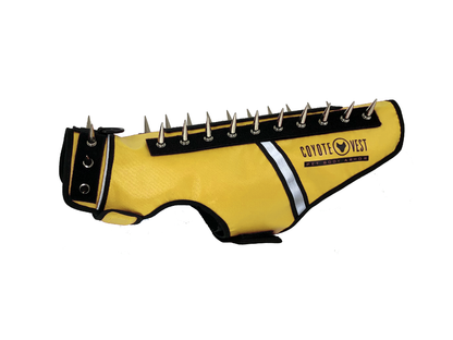 Spike vest for cats in yellow with metal studs and white trim