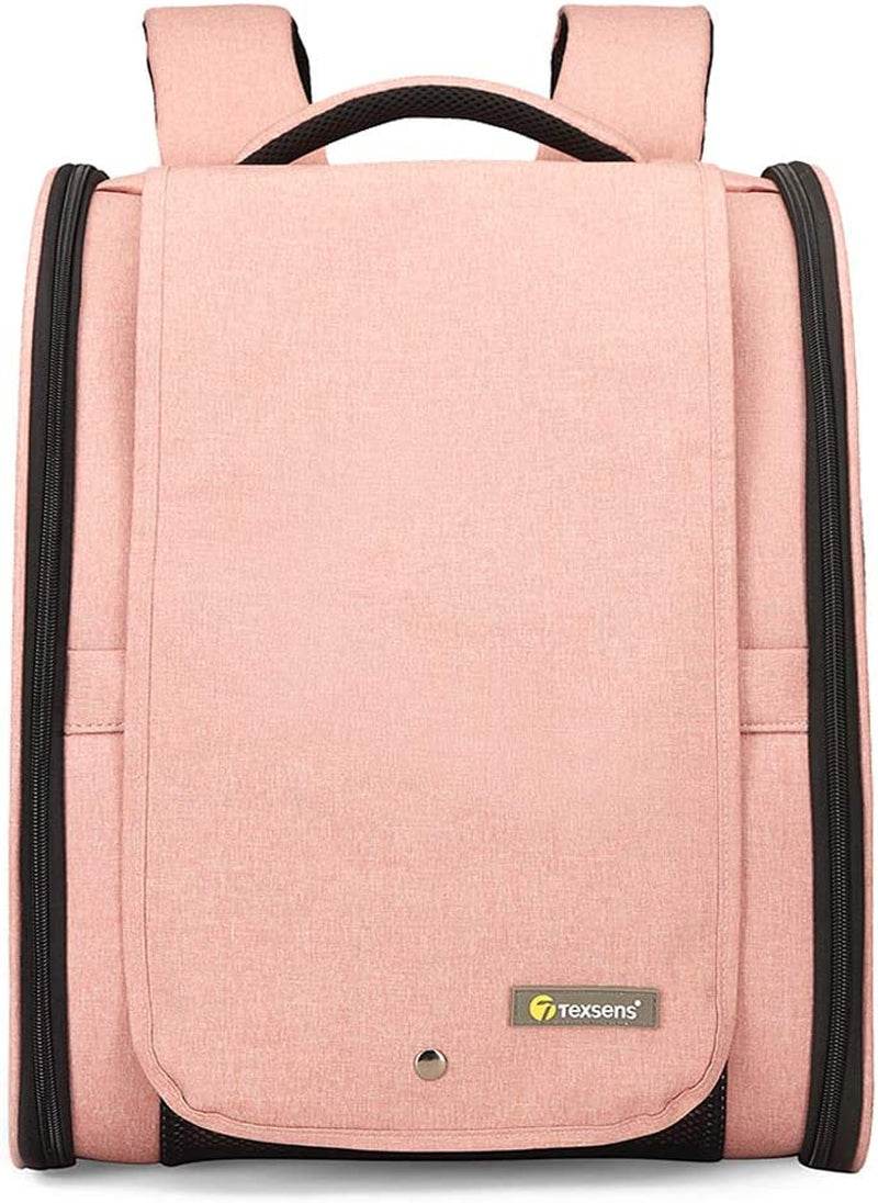 Pink pet travel carrier with top handle, front panel, and black side straps