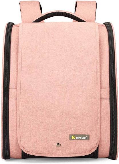 Pink pet travel carrier with top handle, front panel, and black side straps