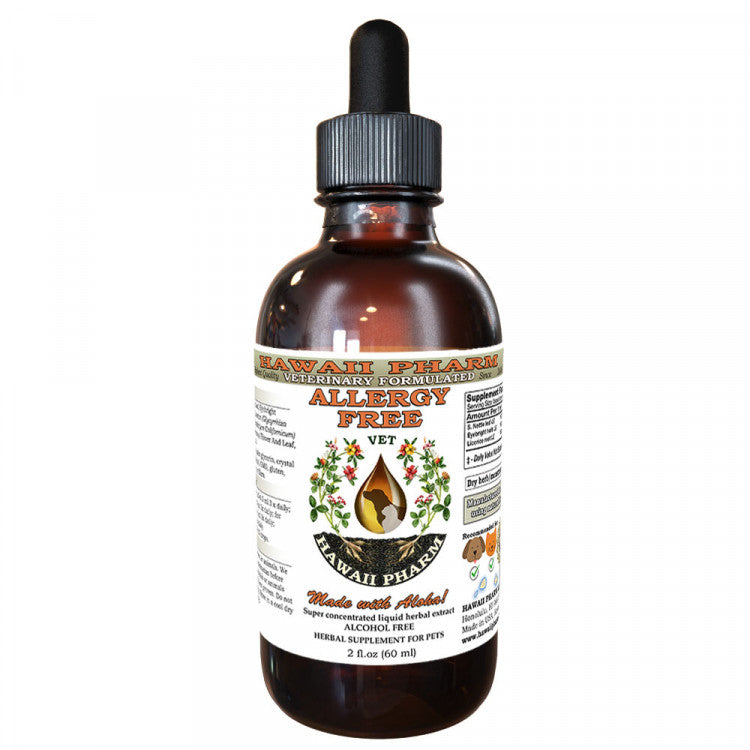 Allergy-free pet remedy amber bottle with black dropper and illustrated label