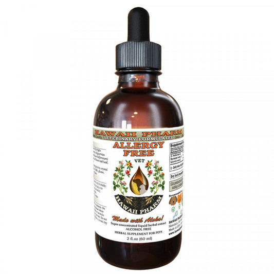 Allergy-free pet remedy amber bottle with black dropper and illustrated label