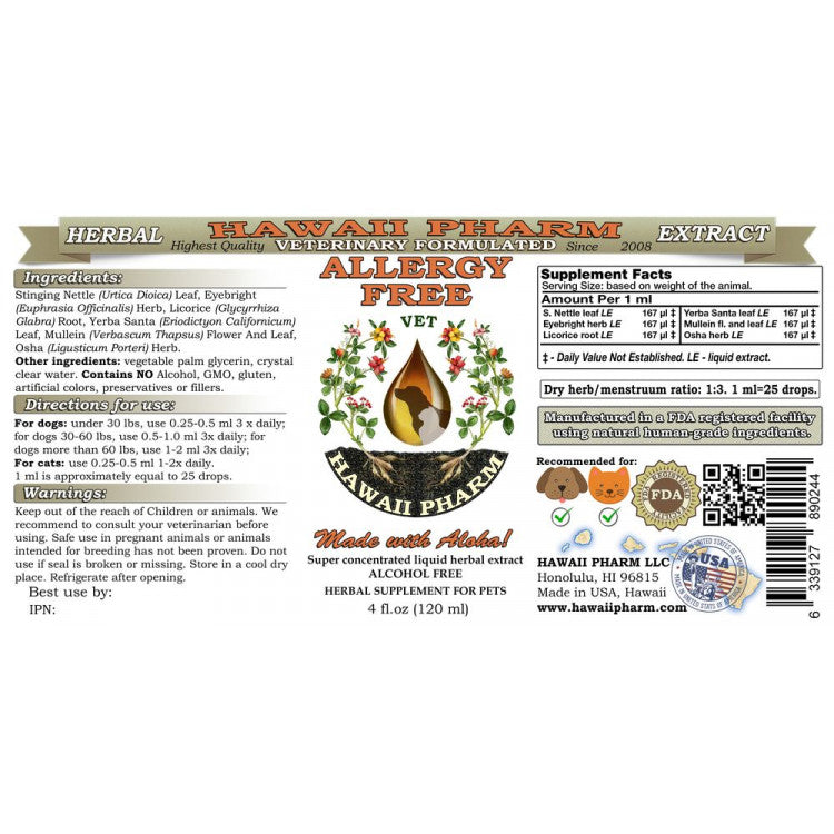 Herbal allergy-free remedy bottle label with supplement facts